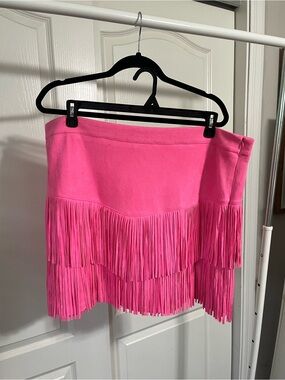 Hot Pink Fringe Mini Skirt - Women's Stylish Layered Fringe
